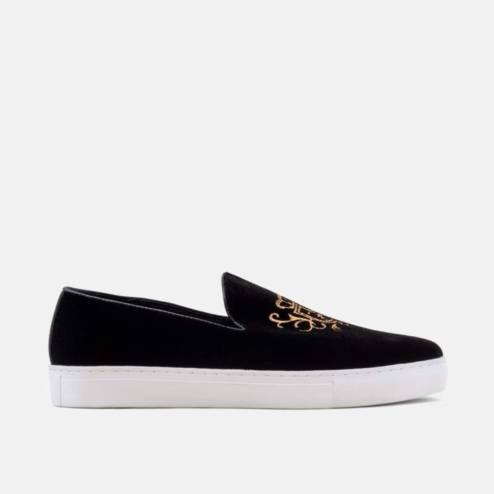 Marc Nolan Winston Black Velvet Slip On Runners with Gold Crescent Size 10